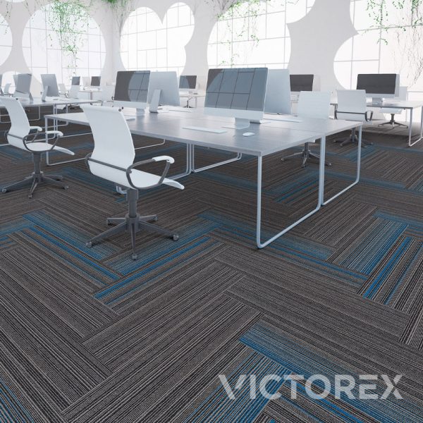 Victorex Brigthline carpet tiles Blueberry colour in office with white furniture