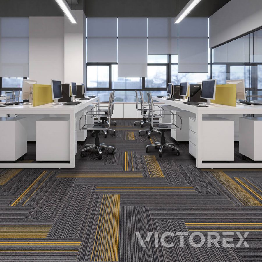 Victorex Brigthline carpet tiles Lemon colour in office hall with city view