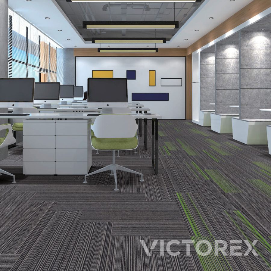 Victorex Brigthline carpet tiles Lime colour in office with a lot of monitor on table