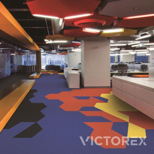 Victorex Colourbook carpet tiles Mustard, Coral and Jet Black colour in office space
