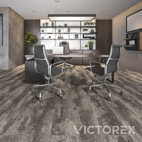 Victorex Colourworks carpet tiles Highlands colour in an office with wooden bookshelf