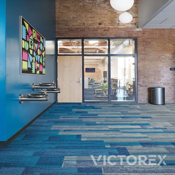 Interface Aerial AE315 plank carpet tile corridor in Granite/Azure; AE311, Granite colour