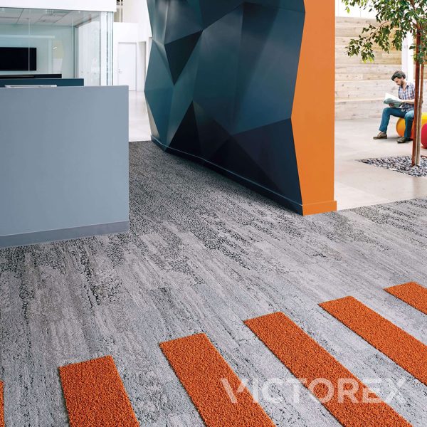 Interface Human Nature HN810 plank carpet tiles in Limestone; HN840, Limestone; HN850, Limestone; HN830, Clementine colour