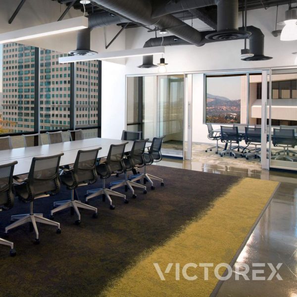 Interface Urban Retreat UR101 carpet tile in Bark/Moss, in conference area with long table ; UR102, Bark; UR103 colour