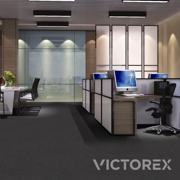 Victorex Melosa Modular carpet tiles Lead colour with red chair and laptop on office table