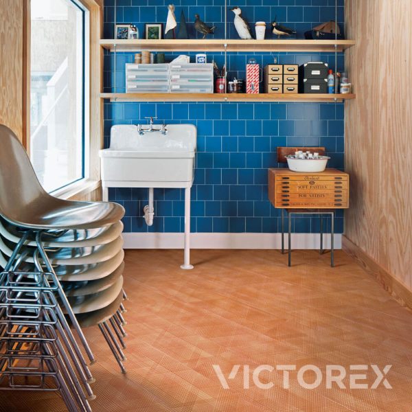 Interface Drawn Lines LVT in Amber colour in a pantry storage area