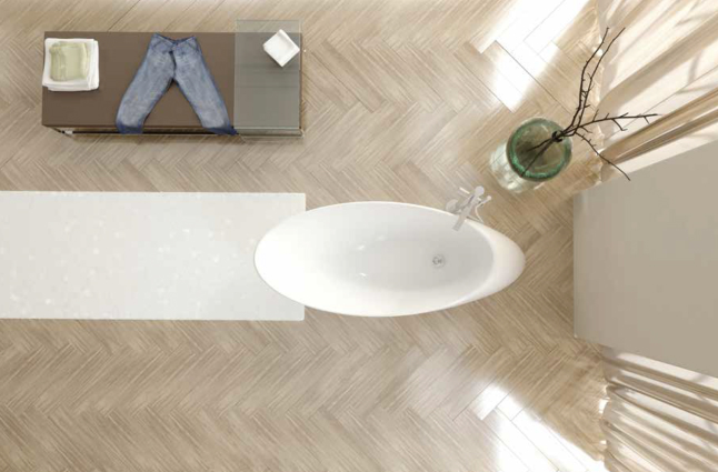 Victorex Browse for catalogue LVT 2.0 in Beach colour bathroom with bathtub and scented plant top view Victorex Browse for catalogue LVT 2.0 in Beach colour bathroom with bathtub and scented plant top view