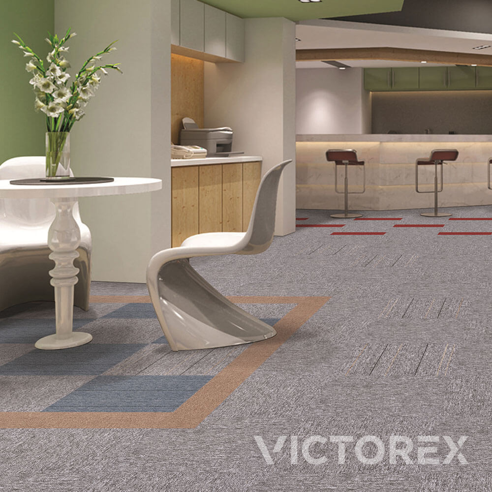 Victorex Basic Modular carpet tiles Carbon Ash, Sandy Beige and Red colour in office pantry area; Basic Plus Sandy Beige colour