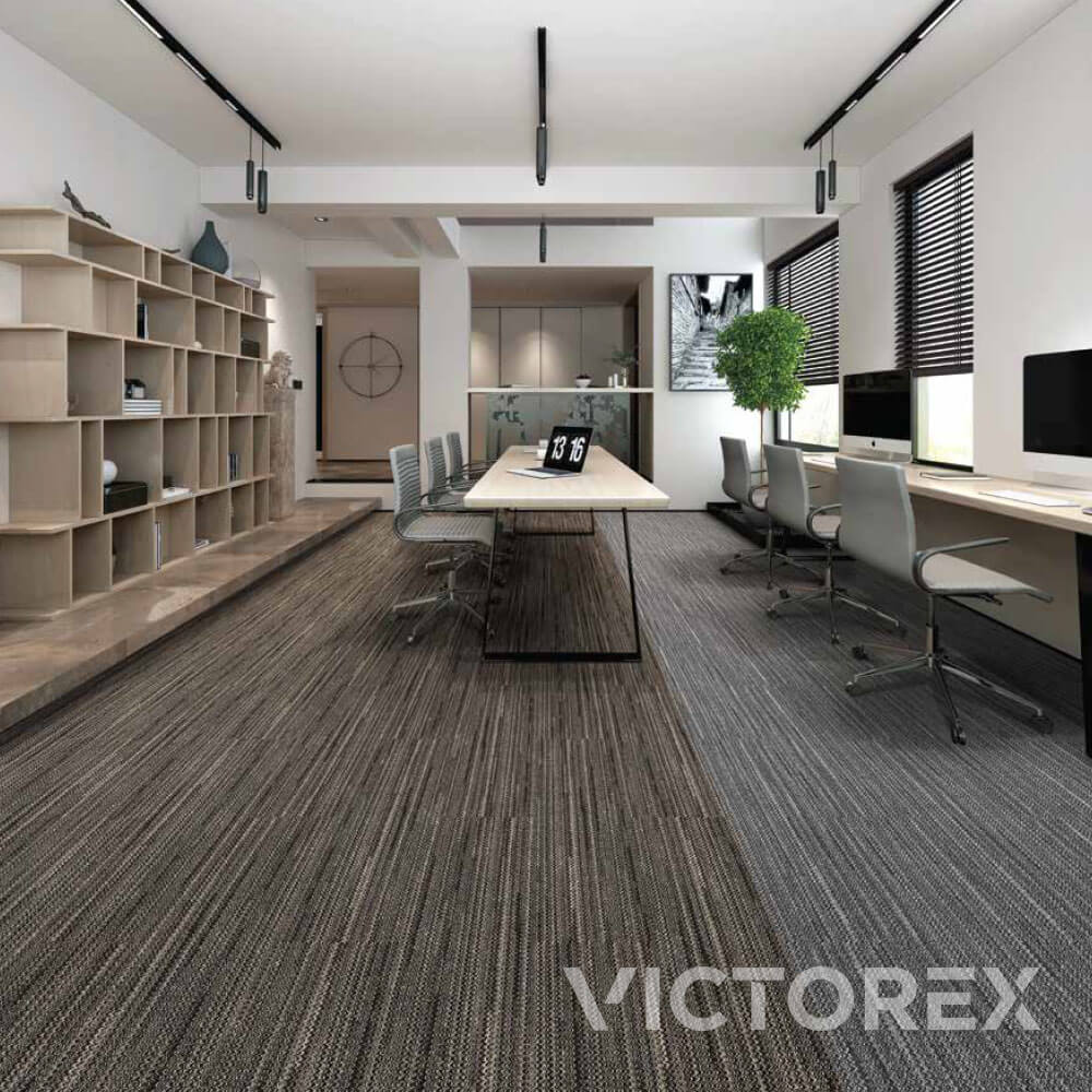 Victorex Artisan carpet tiles in Cafe and Flannel colour in a workspace with wooden shelf and valubles artifacts